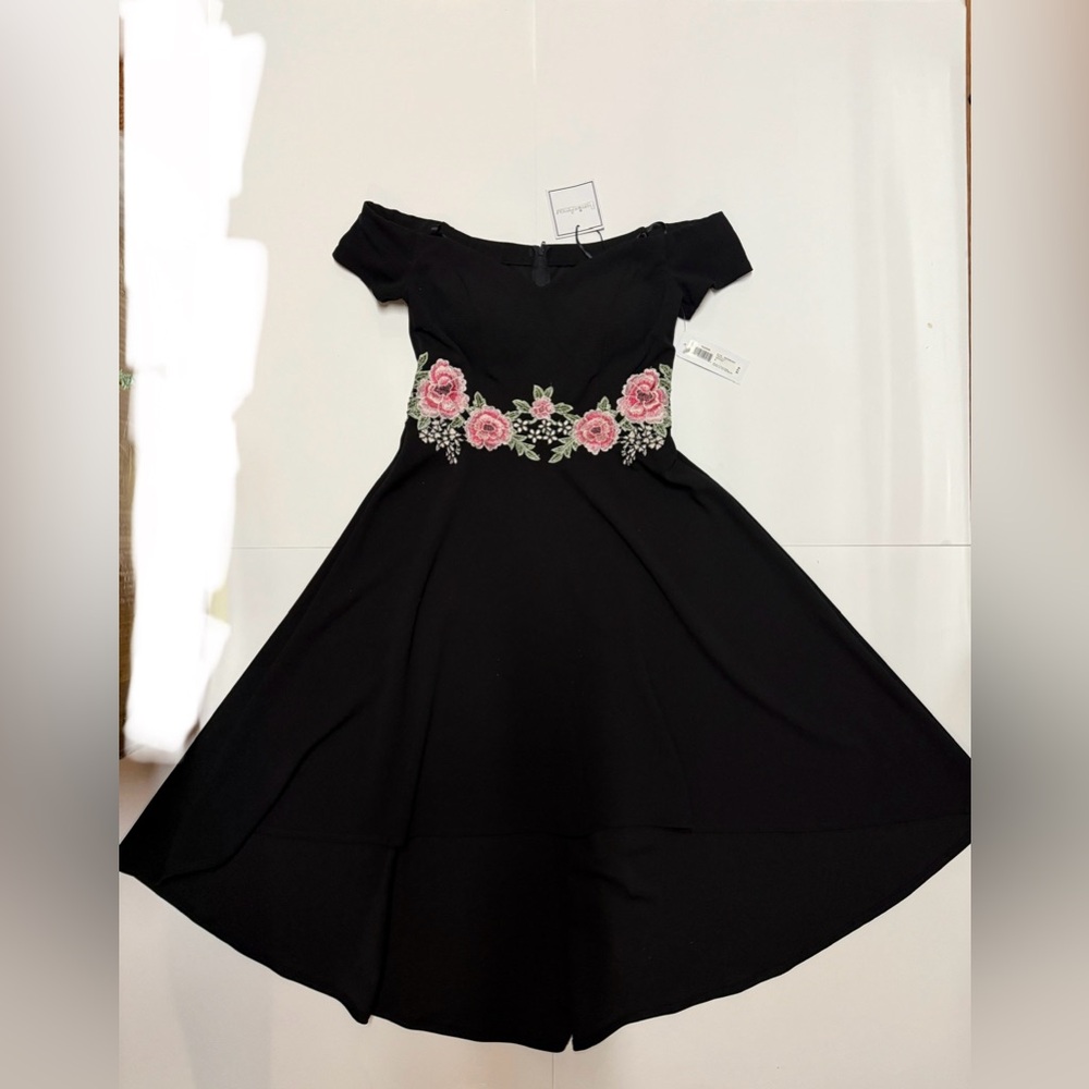 Othr Black High Low Dress with Pink Floral Embroidery